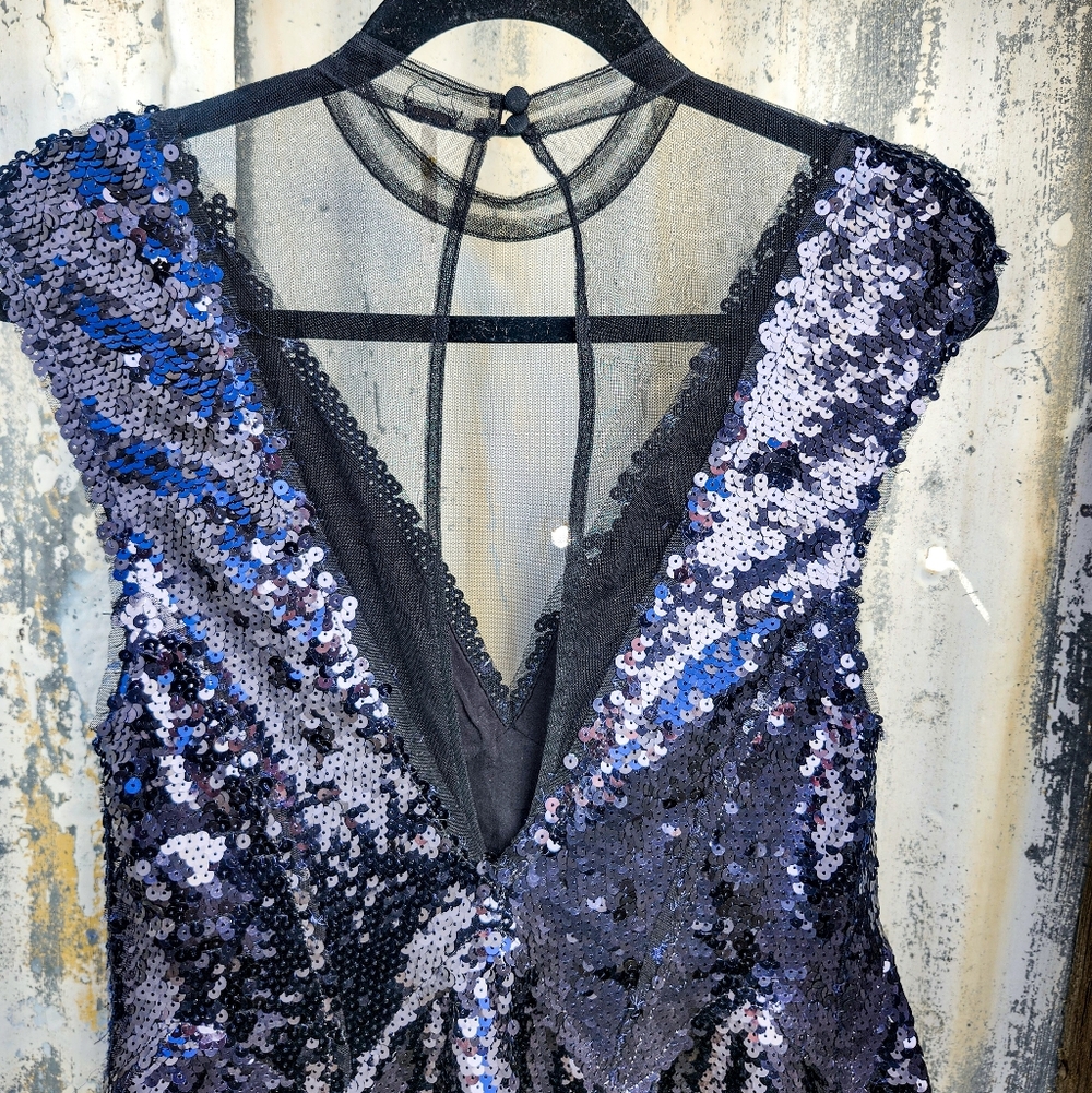 Free People Black Sequin Dress XS Sleeveless Deep V Party Mini Fit Flare Festiva